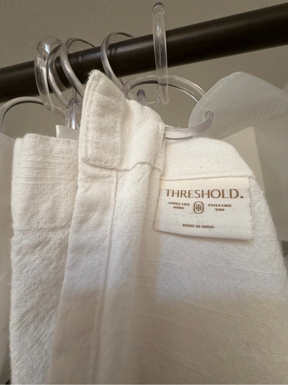 Threshold White Shower Curtain with Gray Stripe Accents